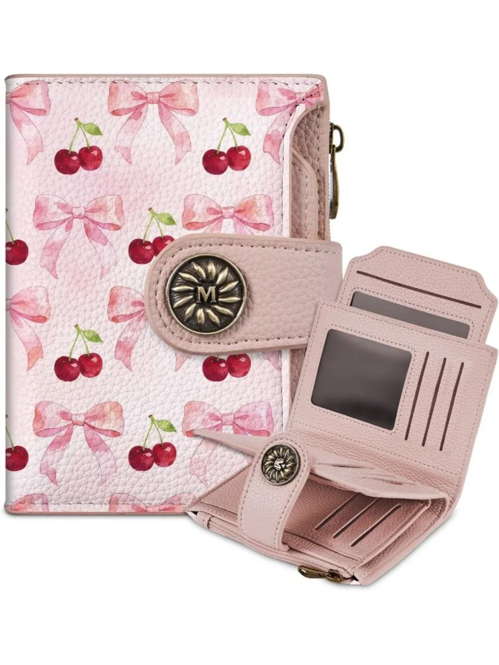 Cute Cherry Bow Wallet - Compact RFID Bifold Purse with Coin Pocket & Card Slots